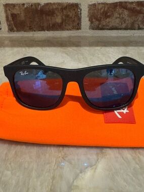 Ray-Ban Black Frame Sunglasses with Blue Mirrored Lenses Wayfarer Junior Youth